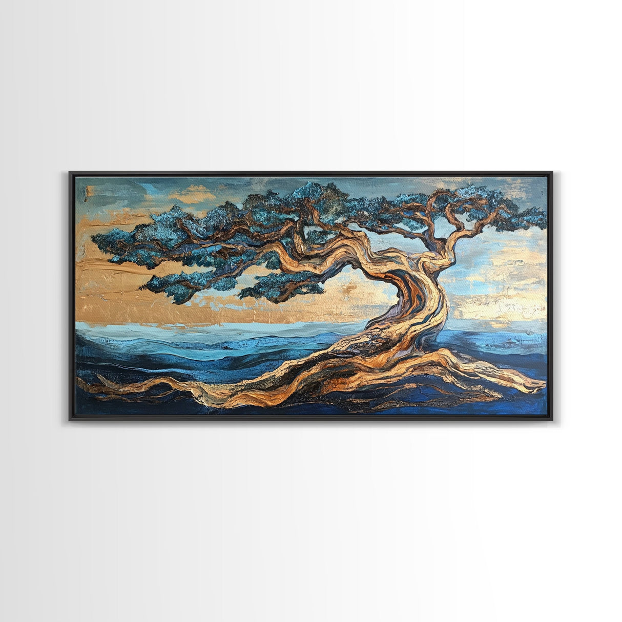 Twisted Tree, Oak Tree Art, Canvas Print, Coastal Landscape Art, Nature Painting, Rustic Wall Art, Blue And Green Wall Art