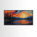 Sunset Lake, Mountain Painting, Framed Canvas Print, Pine Tree Art, Pink Orange Wall Art, Rustic Art, Landscape Painting