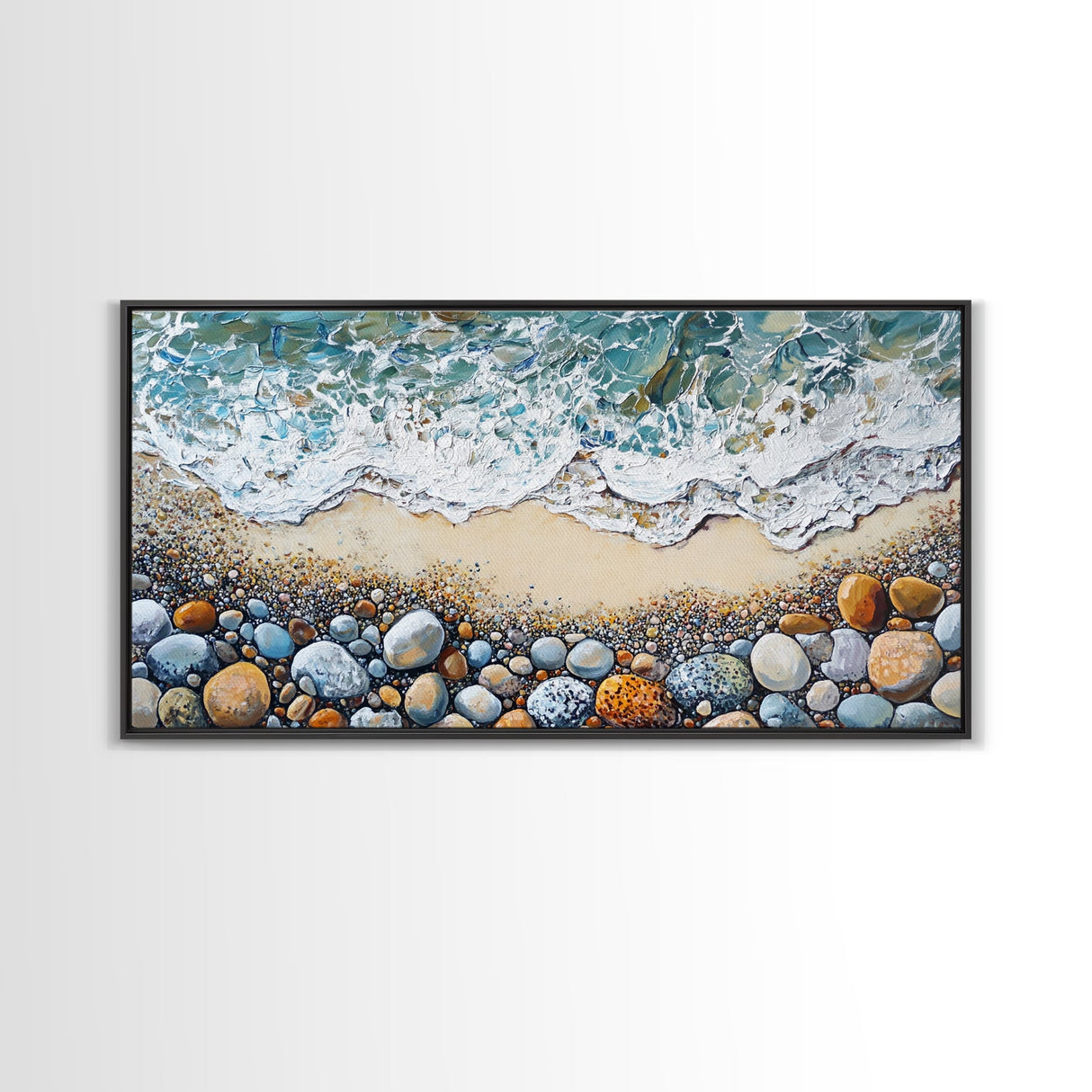 Coastal decor, beach painting, framed canvas print, extra wide art, ocean waves, seascape painting, rustic wall art, nautical wall art