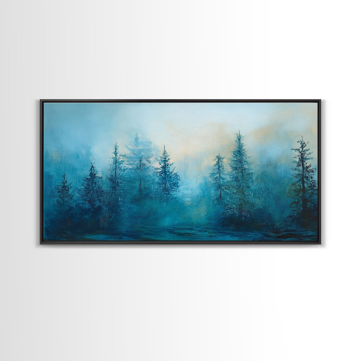 Pine tree art, smoky mountain art, framed canvas print, misty forest painting, rustic wall art, extra wide art, moody landscape
