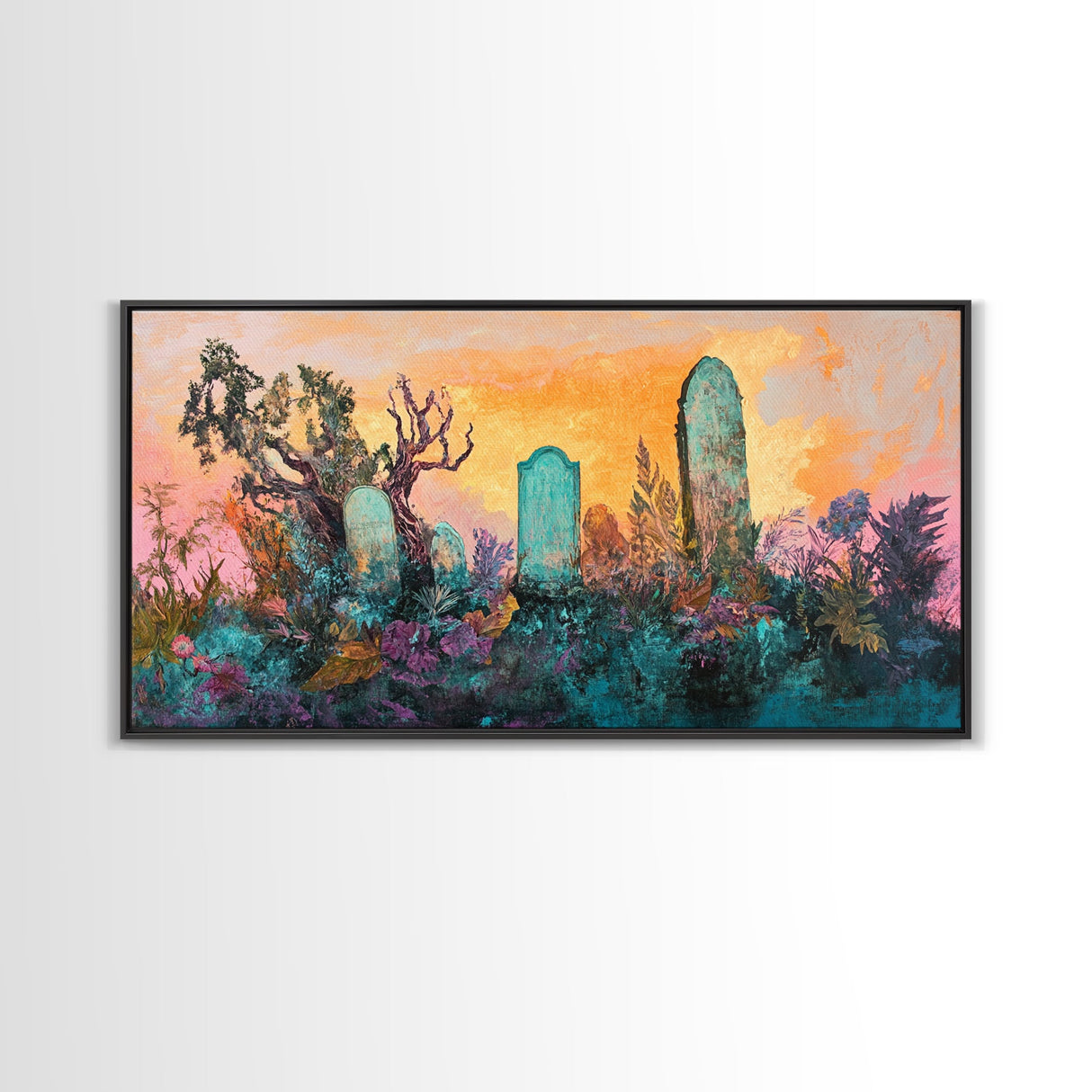 Dark romance painting, gothic art, framed canvas print, extra wide art, Halloween decor, whimsical art, spooky graveyard painting