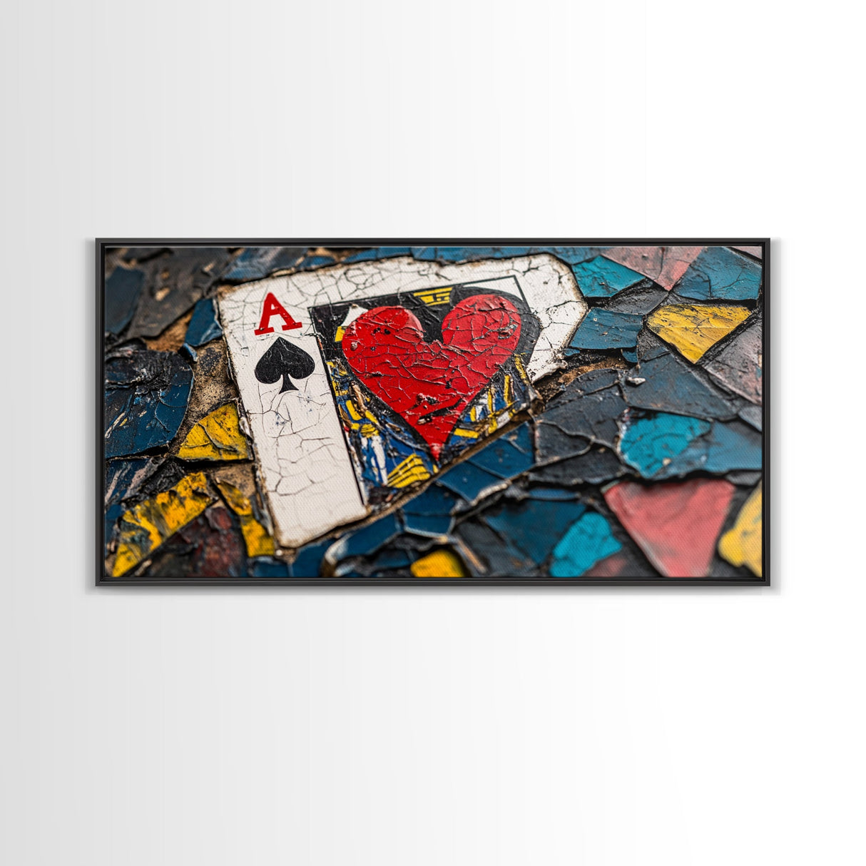 Mosaic Playing Card, mosaic wall art, rustic decor, extra wide art, textured art, blue and green wall art, Framed Canvas Print
