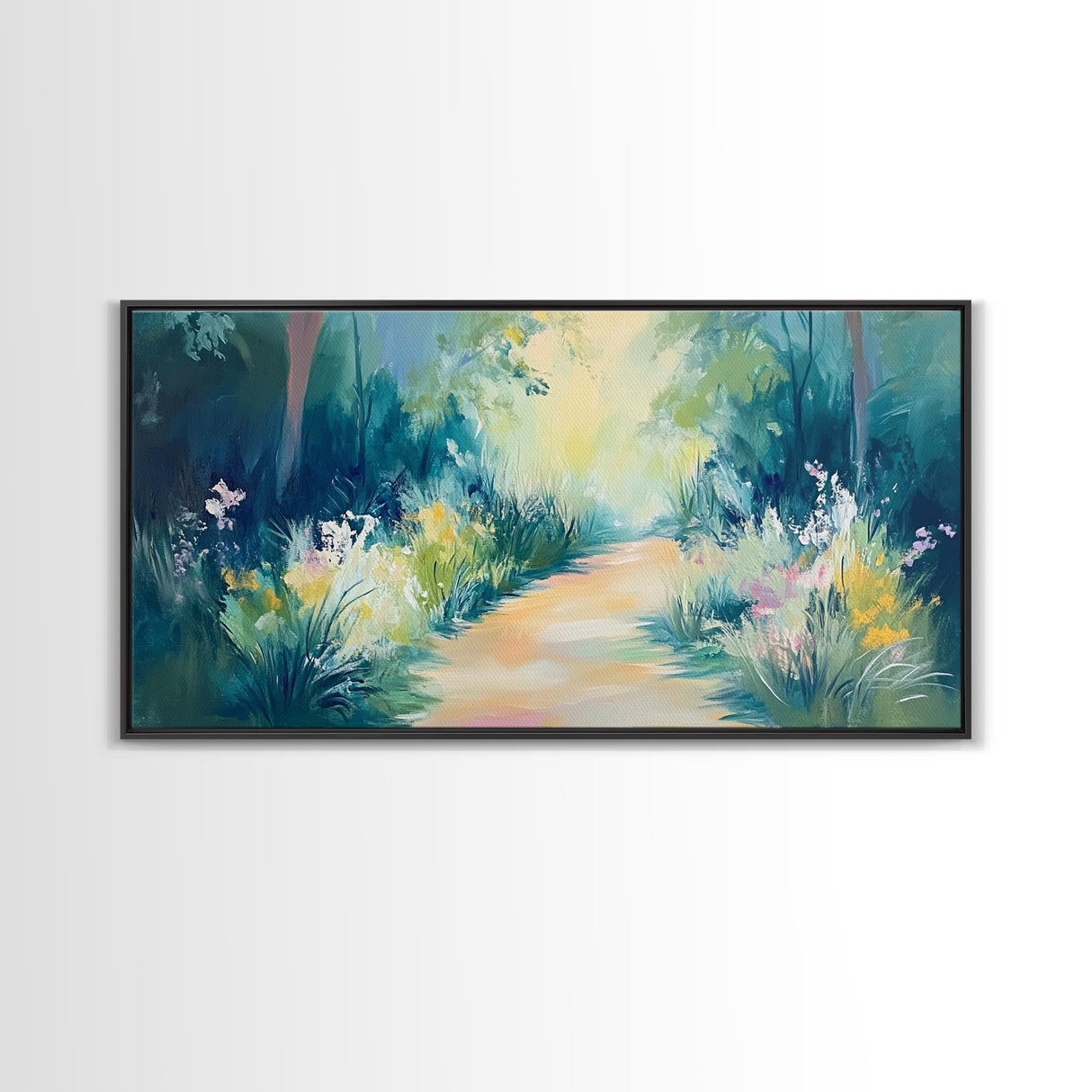 Serene Woodland Trail, wildflower painting, botanical prints, landscape painting, rustic decor, extra wide art, Framed Canvas Print