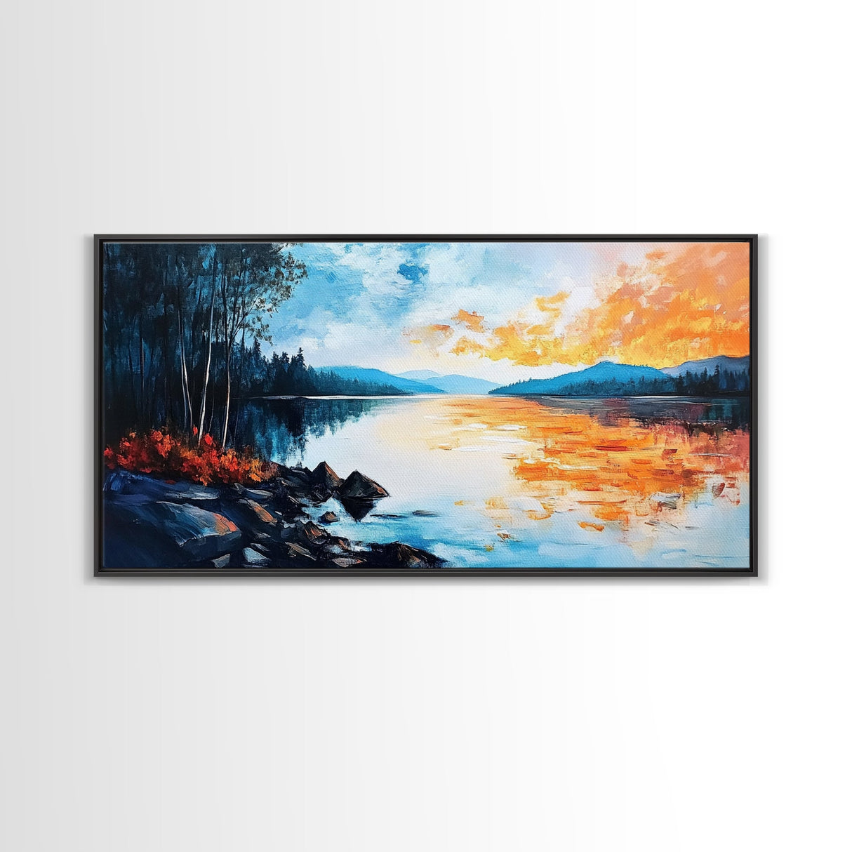 Sunset Lake Reflection, panoramic art, landscape painting, framed canvas print, mountain painting, extra wide art