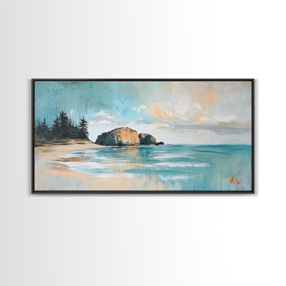 Serene Beach Landscape, framed canvas print, coastal painting, seascape painting, extra wide art, nautical wall art, bedroom art