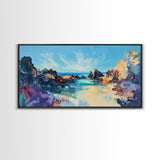 Rocky Seascape Panorama, framed canvas print, extra wide art, seascape painting, above couch art, nautical painting