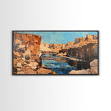 Canyon River, southwest landscape, desert cliffs, textured painting, extra wide art, panoramic art, Framed Canvas Print, rustic decor