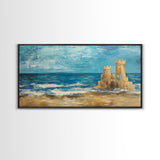 Sandcastle Painting, Coastal Decor, Beach House Wall Art, Nautical Painting, Framed Canvas Print, Seascape Art, Ocean Wave Painting