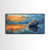 Zen Stone Reflection, moody art, minimalist art, coastal painting, blue and green wall art, extra wide art, canvas print