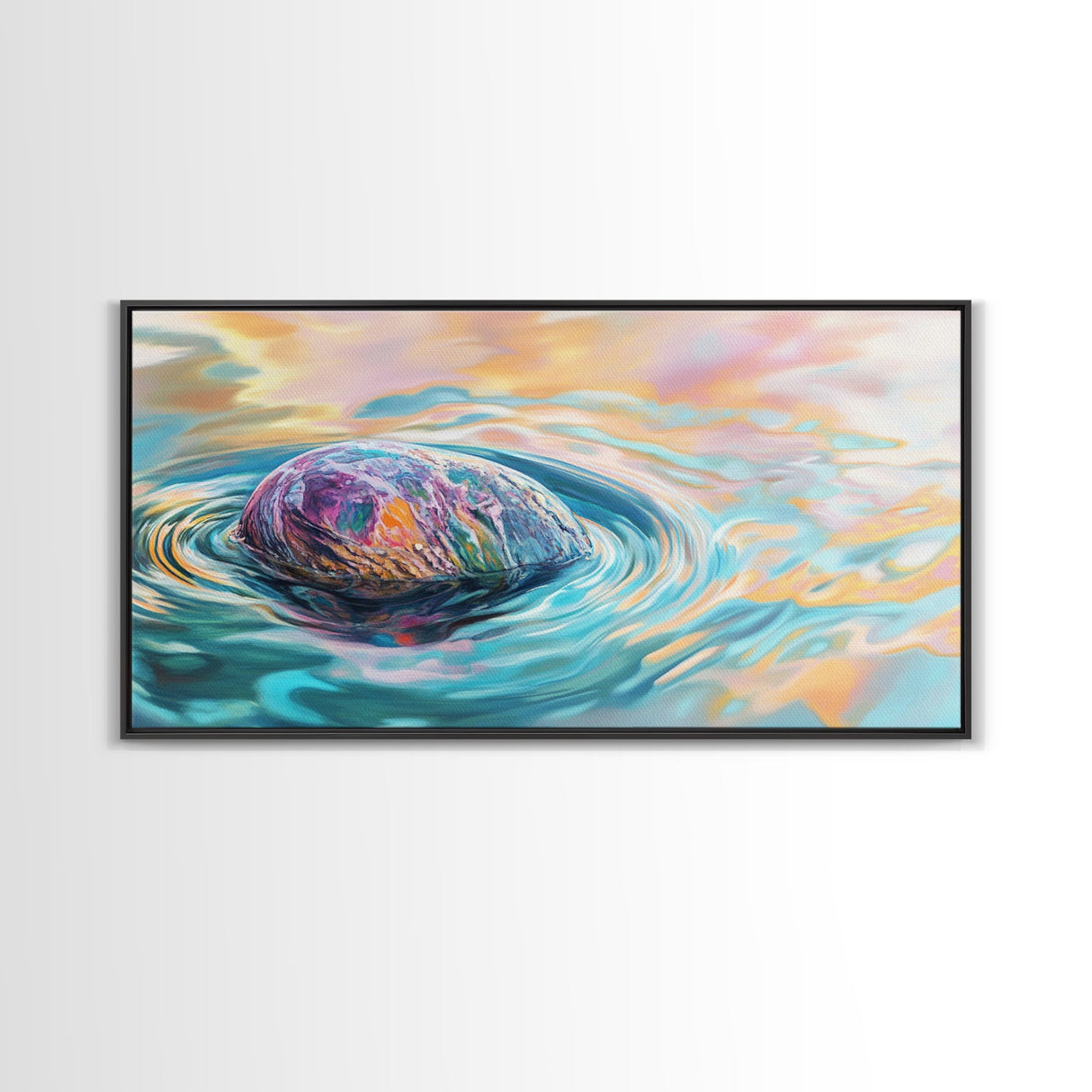 Floating Rock Art, surreal ocean painting, teal wall art, light pink wall art, moody art, nautical wall art, framed canvas print