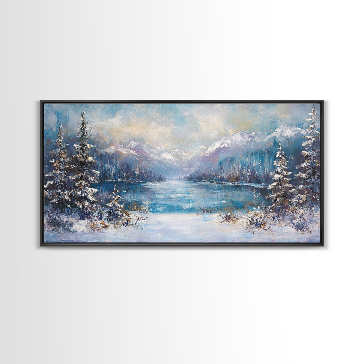 Lake Tahoe Art, Snowy Landscape, Winter Cabin Decor, Framed Canvas Print, Blue and Green Wall Art, Horizontal Wall Art