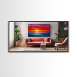 Red Couch, Sunset Painting, Above Sofa Art, Coastal Wall Art, Beach Decor, Panoramic Art, Framed Canvas Print, Living Room Art