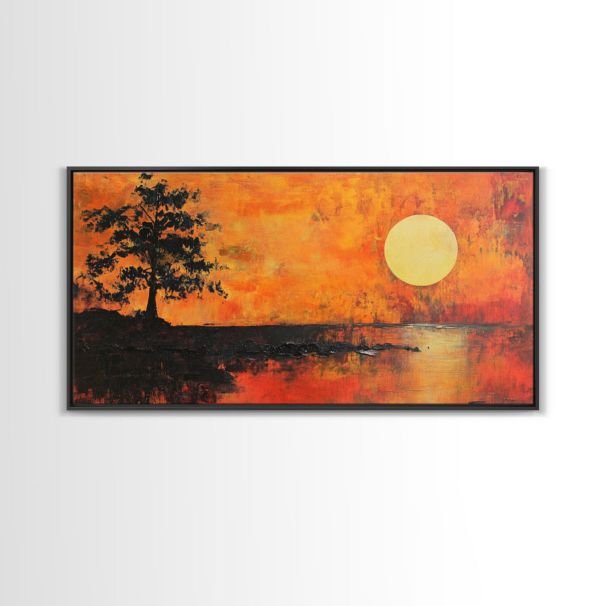 Sunset Tree, orange wall art, oak tree art, moody art, panoramic art, extra wide art, rustic wall art, Framed Canvas Print