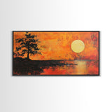 Sunset Tree, orange wall art, oak tree art, moody art, panoramic art, extra wide art, rustic wall art, Framed Canvas Print