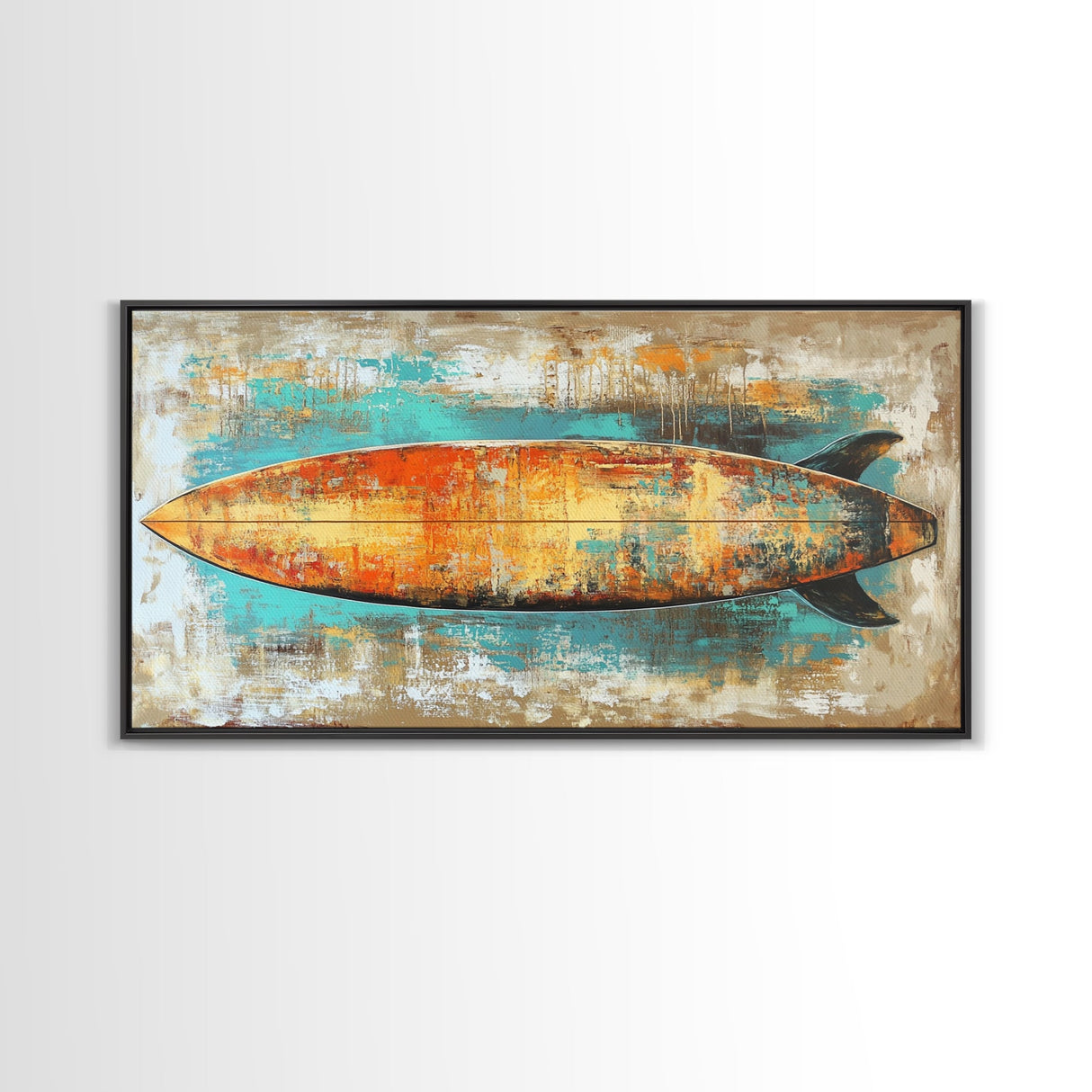 Rustic Surfboard, coastal decor, surf wall art, nautical painting, extra wide art, boho art, beach house decor, Canvas Print