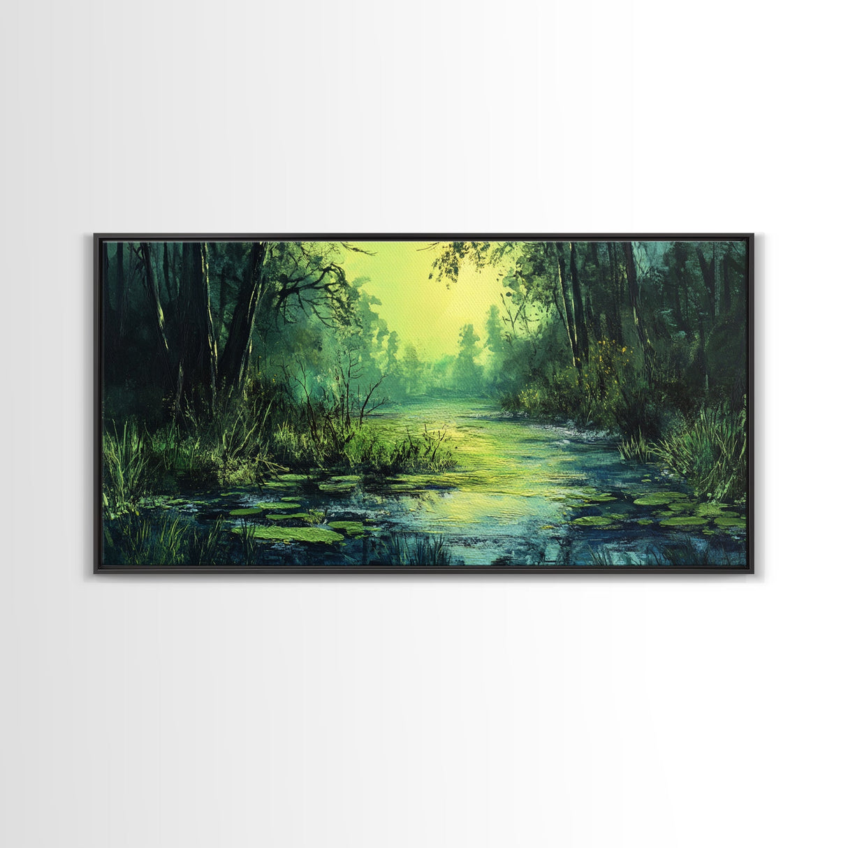 Forest Lagoon, green wall art, nature landscape painting, botanical prints, wabi sabi art, extra wide art, Framed Canvas Print