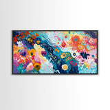 Floral abstract, whimsical art, colorful wildflowers, framed canvas print, botanical prints, pink orange wall art