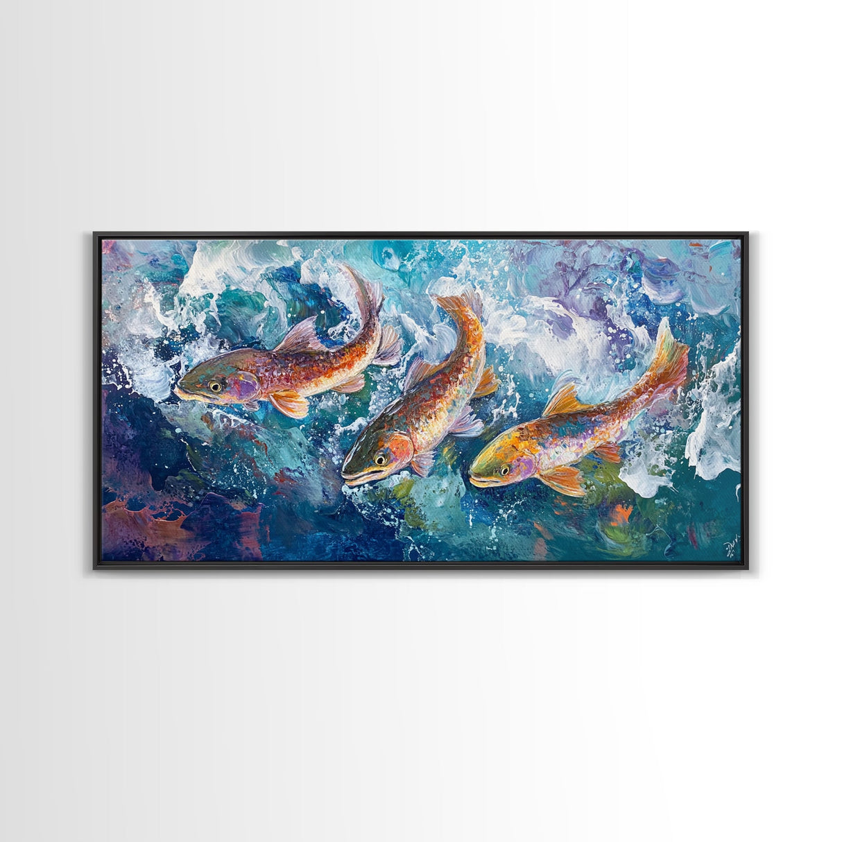 Koi Fish Painting, Framed Canvas Print, fly fishing art, trout art, extra wide painting, colorful fish painting, panoramic art