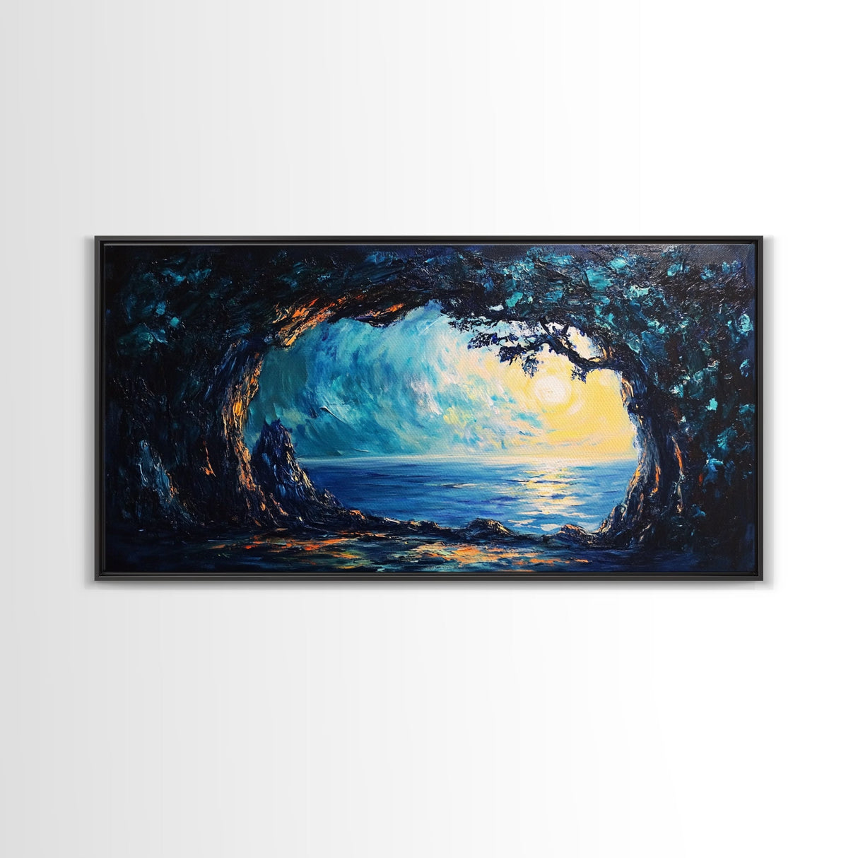 Ocean Cave, Framed Canvas Print, nautical wall art, coastal painting, extra wide painting, seascape painting, panoramic wall art
