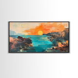 Sunset Seascape, Framed Canvas Print, coastal landscape art, panoramic painting, extra wide painting, above bed art, ocean wall art