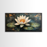 White Lotus, Framed Canvas Print, botanical prints, zen wall art, meditative decor, extra wide painting, spiritual art