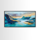 Serene Fjord, mountain painting, lake Tahoe art, blue and green wall art, panoramic painting, extra wide art, Framed Canvas Print, above sofa art