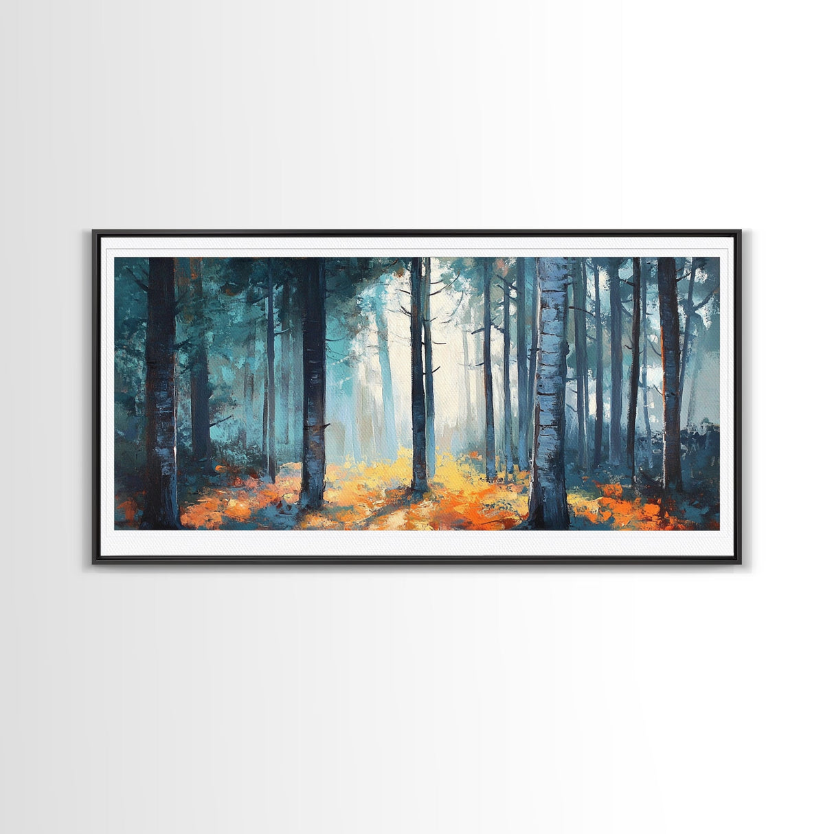 Enchanted Birch Forest, Pine Tree Art, Autumn Landscape, Birch Tree Painting, Rustic Wall Art, Framed Canvas Print, Extra Wide Art