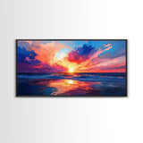 Sunset Beach, pink orange wall art, seascape painting, coastal wall art, panoramic art, ocean waves, extra wide art, Canvas Print