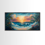 Tropical Waves, palm tree painting, Hawaii art, seascape painting, coastal decor, ocean painting, beach waves, Framed Canvas Print
