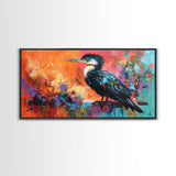 Colorful Bird, bird art, whimsical art, teal wall art, abstract wildlife painting, vibrant decor, boho art, Framed Canvas Print