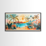 Tropical Sunset Art, Coastal Landscape Art, Boho Wall Art, Palm Tree Painting, Pink Orange Wall Art, Extra Wide Art, Canvas Print