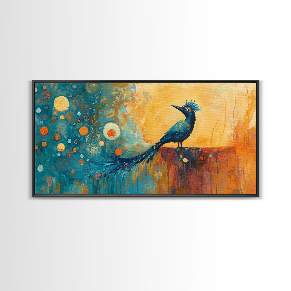 Whimsical Bird Art, Peacock Wall Art, Surreal Painting, Colorful Wall Art, Boho Art, Fantasy Art, Extra Wide Art, Framed Canvas Print