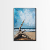Driftwood, coastal landscape art, rustic decor, farmhouse art, framed canvas print, seascape painting, nautical decor, ocean art