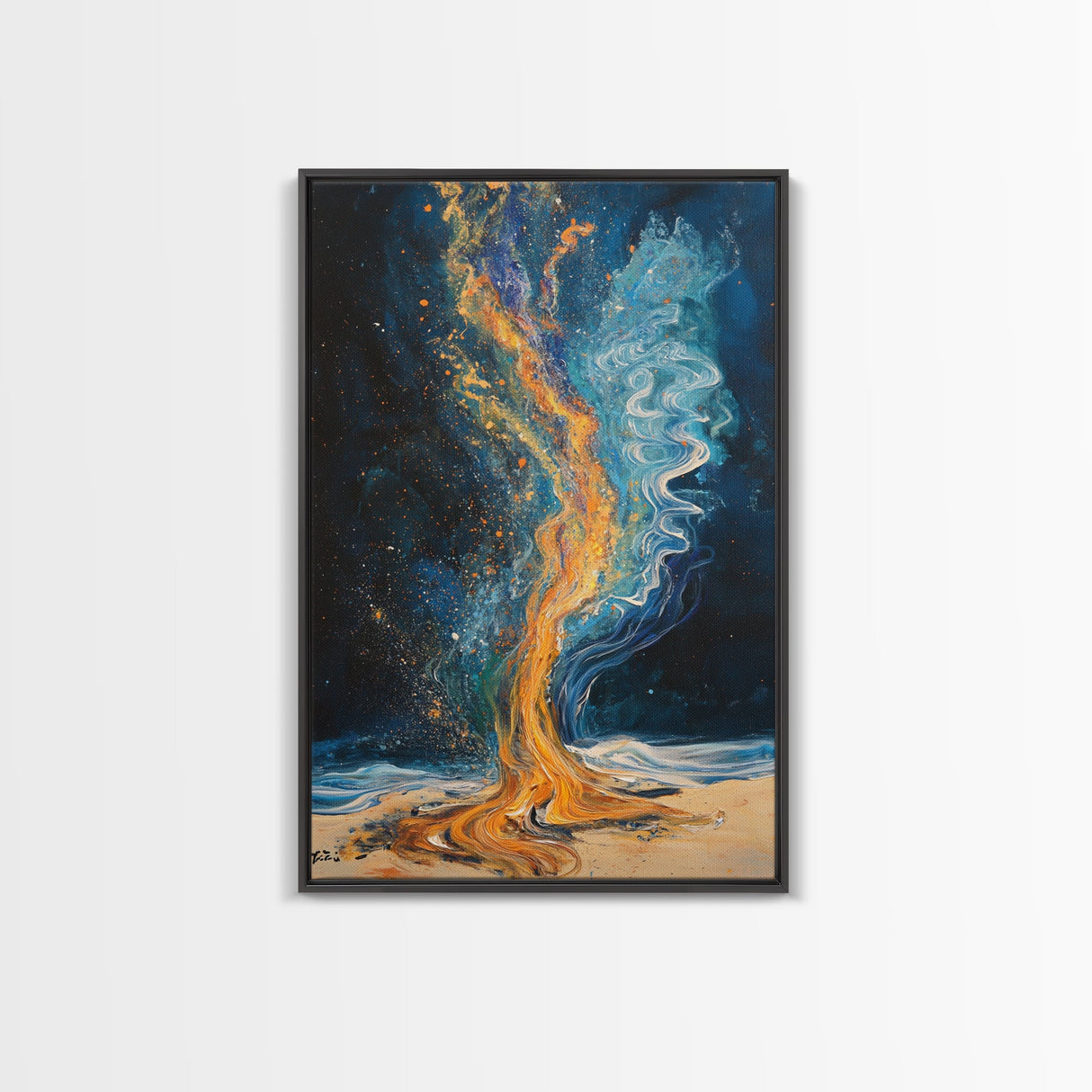 Fire and water, moody art, sacred geometry wall art, phoenix metal art, framed canvas print, abstract cosmic painting, mystical decor