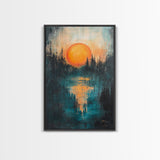 Sunset Over Water, Forest at Dusk Painting, Moody Landscape, Warm Glow Art, Nature Wall Art, Rustic Decor, Canvas Print