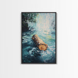 Log in Water, Forest at Dusk Painting, Rustic Nature Scene, Moody Wall Art, Blue and Green Decor, Framed Canvas Print