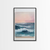Ocean Sunset Waves, coastal decor, nautical painting, pink orange wall art, coastal landscape art, Canvas Print