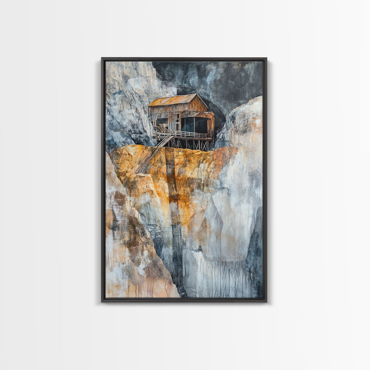Rustic Cabin on Cliff, barn landscape painting, rustic art, farmhouse art, wabi sabi art, vintage horse art, Framed Canvas Print