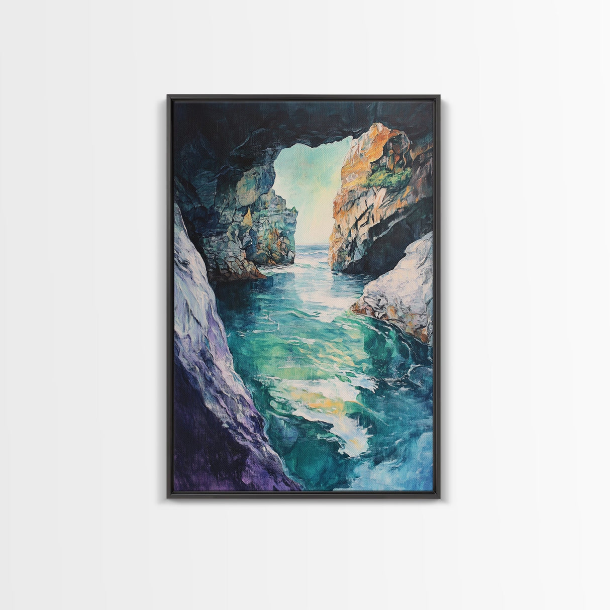 Hidden Sea Cave, nautical wall art, coastal decor, rustic wall art, moody art, Canvas Print, extra wide panoramic art