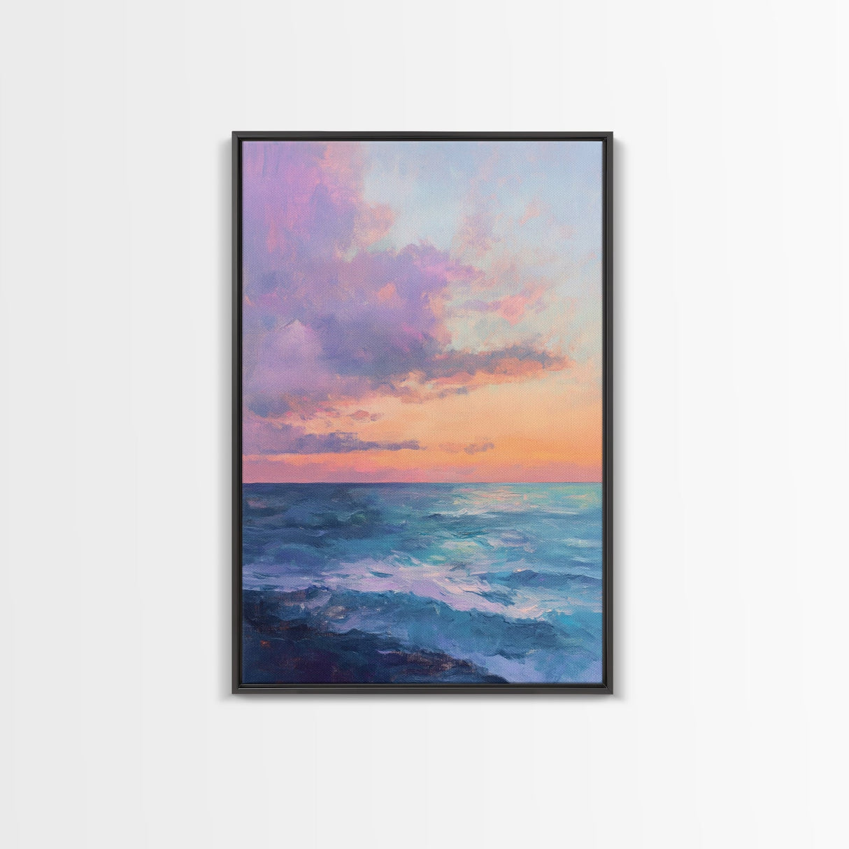 Ocean Sunset View, coastal landscape art, pink orange wall art, seascape painting, framed canvas print, bedroom art, nautical decor