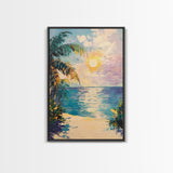 Tropical Beach Sunset, coastal cowgirl wall art, palm tree painting, beach scene, framed canvas print, bedroom art, nautical painting