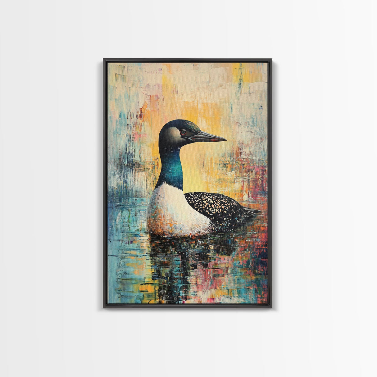 Loon Painting, bird art, blue and green wall art, moody art, gift idea for him, rustic decor, Framed Canvas Print, above couch art