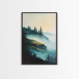 Foggy Mountains, mountain painting, smoky mountain art, pine tree art, forest at dusk painting, Framed Canvas Print, bedroom art