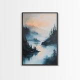 Misty Lake, landscape painting, smoky mountain art, pine tree art, moody art, blue and green wall art, Canvas Print, above sofa art