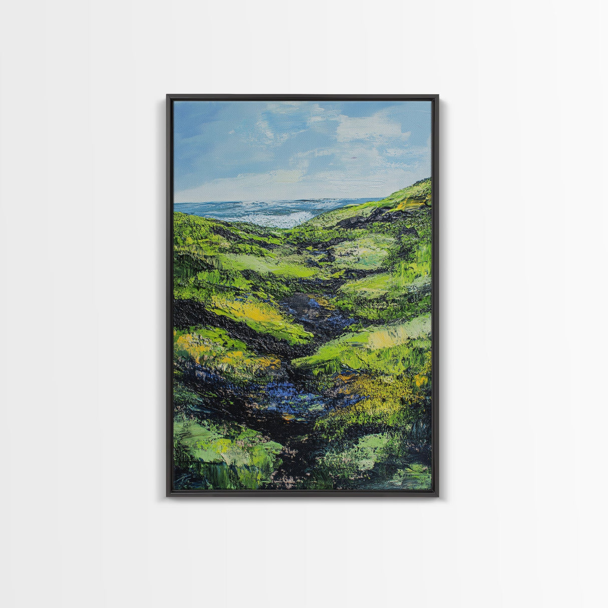 Ireland painting, green wall art, coastal landscape art, wabi sabi art, farmhouse art, Framed Canvas Print, landscape painting