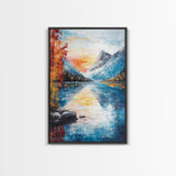 mountain painting, fall art, lake Tahoe art, coastal decor, smoky mountain art, above bed wall art, Framed Canvas Print, landscape painting