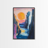 pink orange wall art, sunset painting, abstract landscape painting, blue and green wall art, Framed Canvas Print, boho art, modern decor