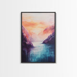 coastal decor, mountain painting, pink orange wall art, sunrise painting, landscape painting, Framed Canvas Print, abstract wall art
