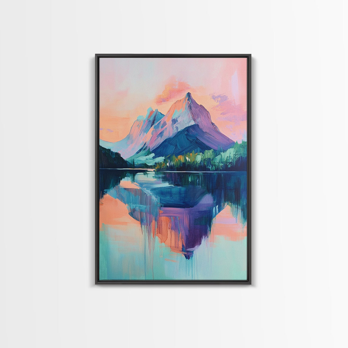 landscape painting, pink orange wall art, sunrise painting, modern art, extra wide art, panoramic art, Framed Canvas Print, moody art