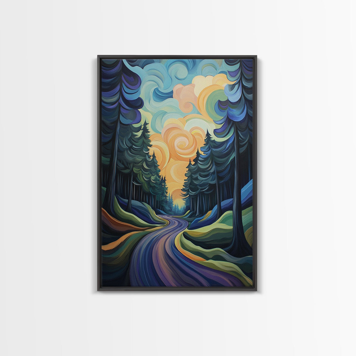 Fantasy Forest, pine tree art, forest at dusk painting, smoky mountain art, Canvas Print, moody art, tall skinny art, guest room art